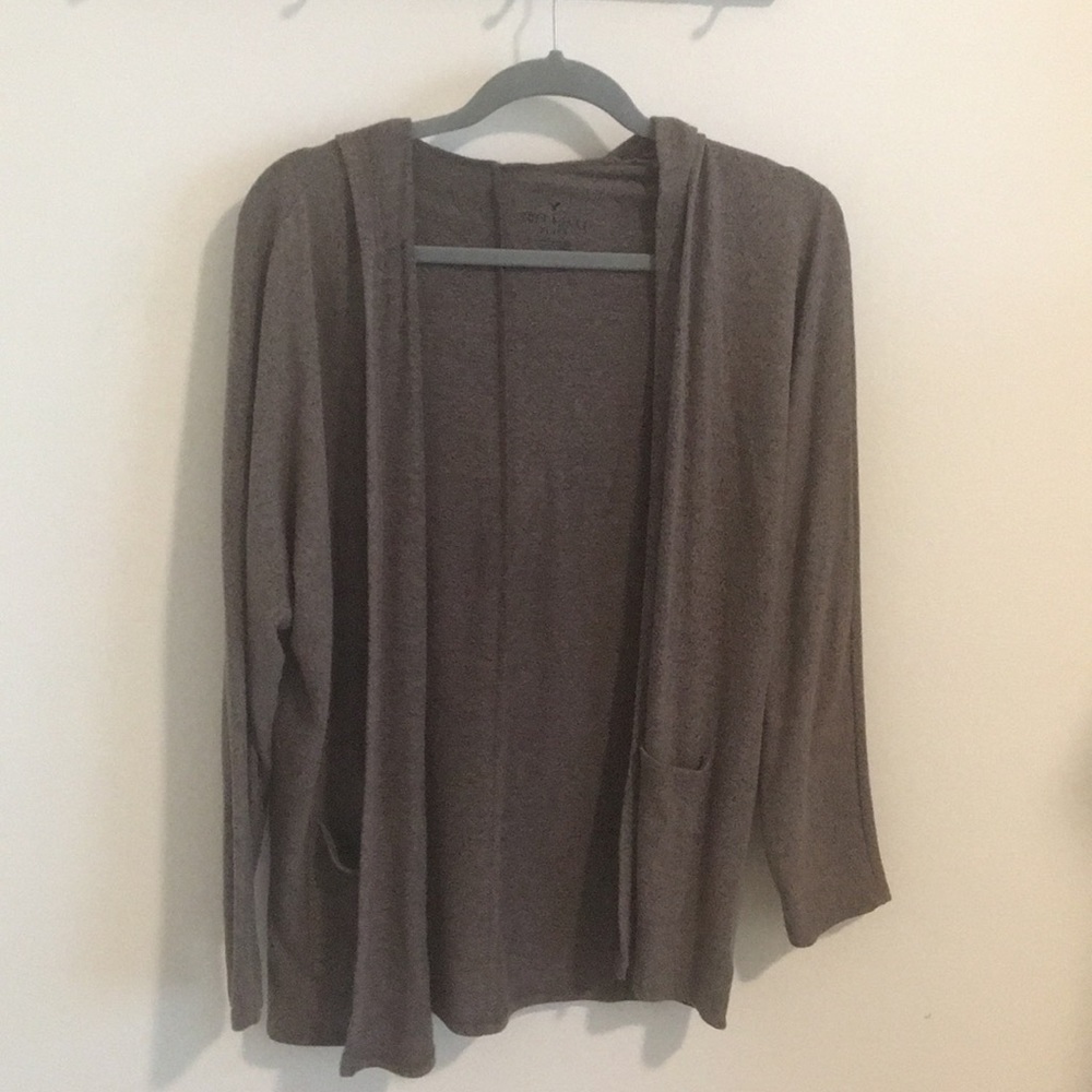 Mauve And Gray Colored Hooded Open Front Sweater - image 1